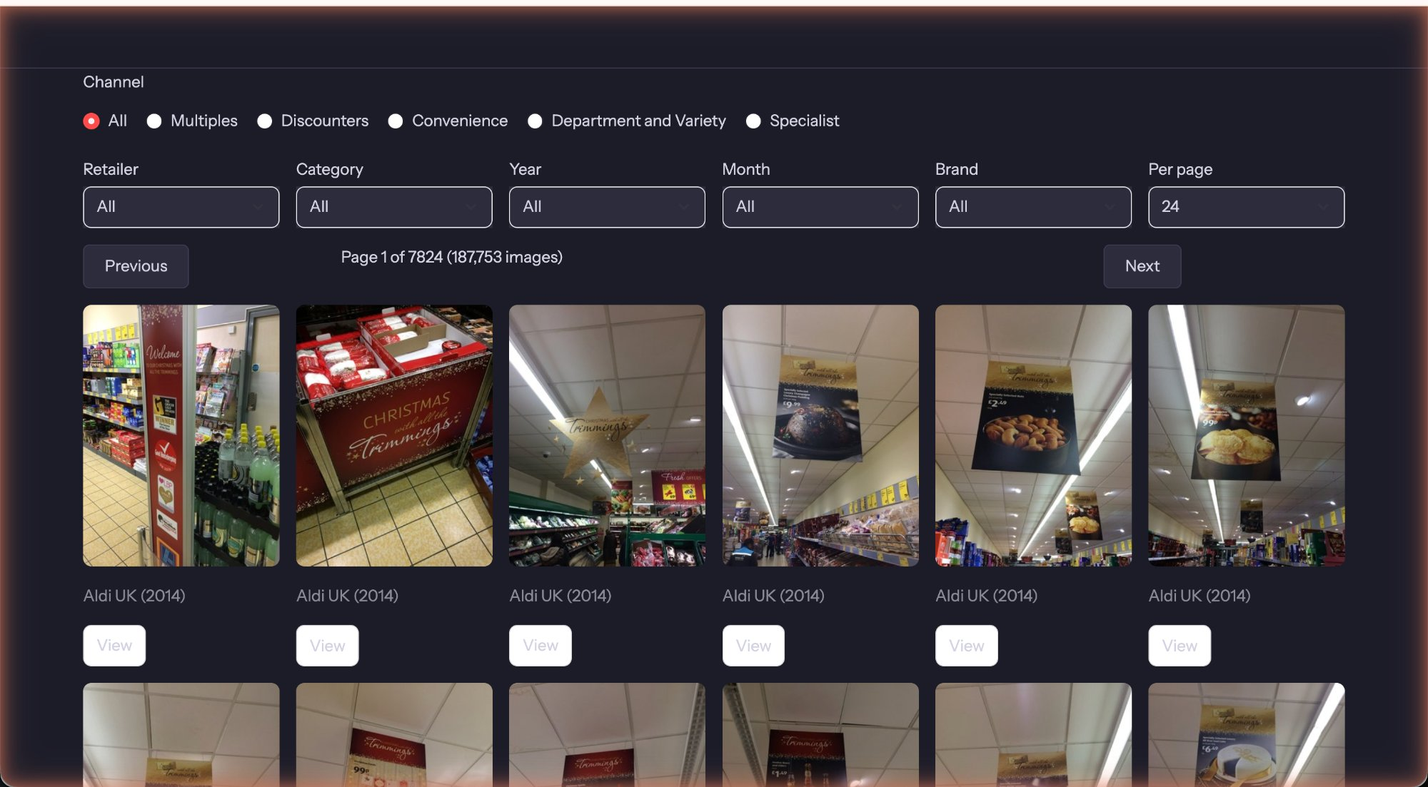 Image gallery browser with channel, retailer, category, and year filters across 187,753 images
